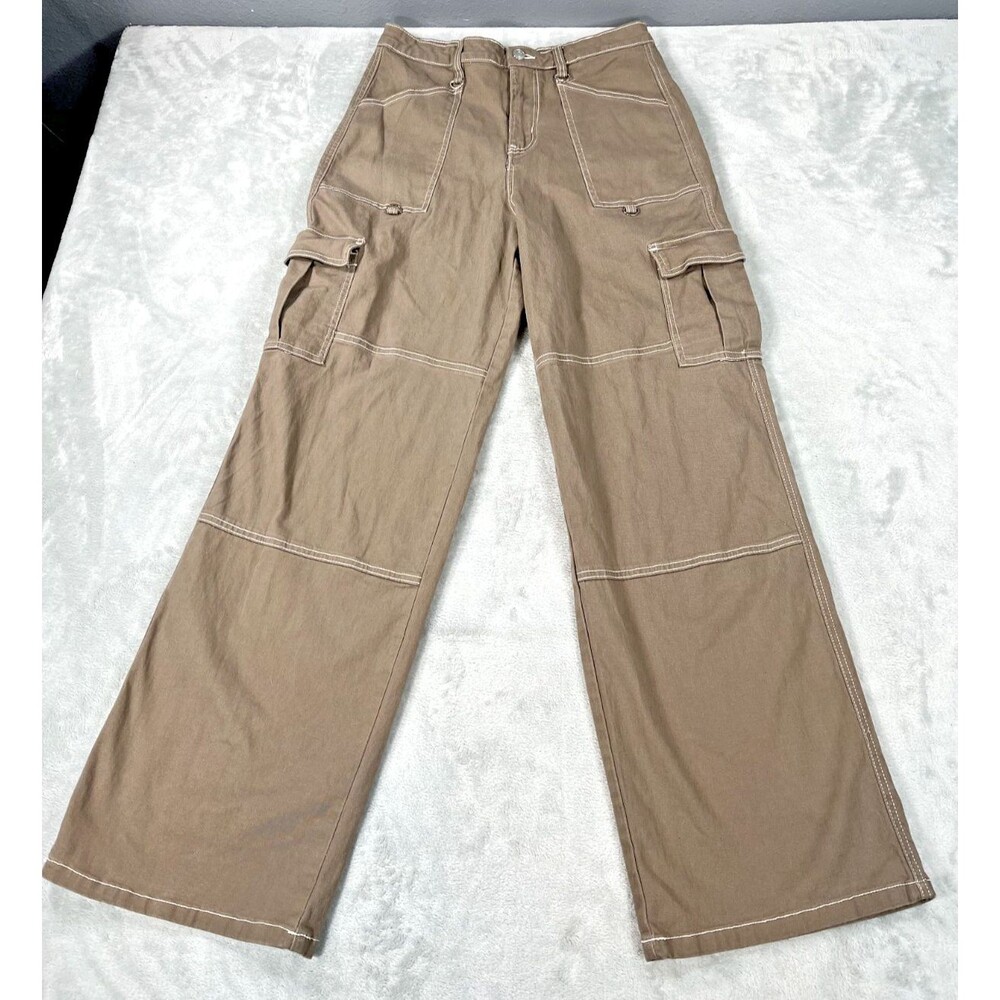Rachel Paige Cargo Pants Womens L Brown Contrast Stitch Wide Leg Utility